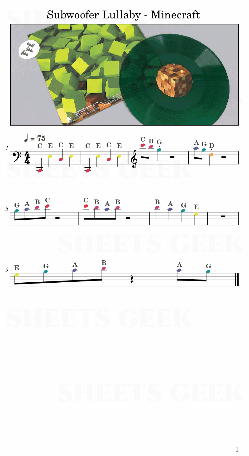 Subwoofer Lullaby - Minecraft Easy Sheet Music Free for piano, keyboard, flute, violin, sax, cello page 1