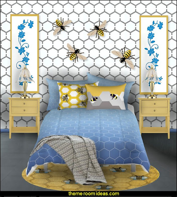 beeive bue yellow bedding bedroom  bumble bee bedrooms - Bumble bee decor - Honey bee decor - decorating bumble bee home decor - Bumble Bee themed nursery - bee wallpaper mural decals - Honeycomb Stencil - hexagonal stencils - bees in springtime garden bedroom -  bee themed nursery - black yellow bedroom ideas - Hexagon pattern -