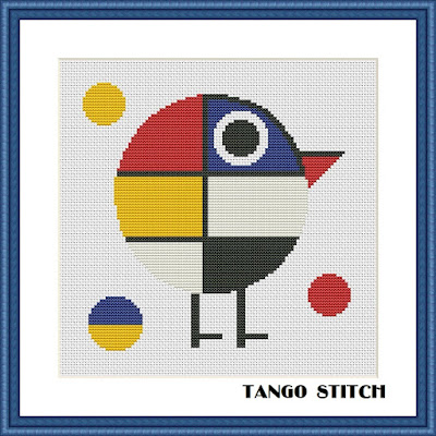 Mondrian style round bird cross stitch pattern - Tango Stitch