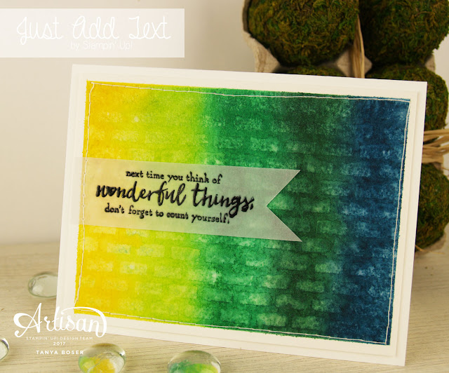 For another fun way to use a stencil, apply to a watercolored background, spritz with pearlized water or a shimmer spray, or plain water, allow to sit on paper for a few seconds, then dab off to remove some of the ink. - Tanya Boser, Stampin Up, Just Add Text stamp set, Pattern Party mask