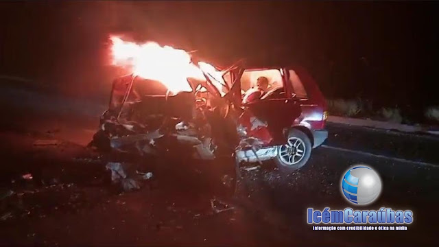 Carro pega fogo após colidir com outro veículo e motorista morre carbonizado na BR-304 no interior do RN