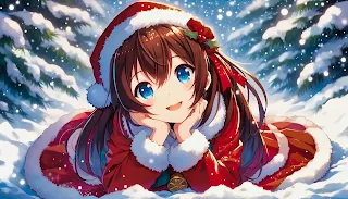 Rozmarzona dziewczyna z anime o niebieskich oczach w stroju Mikołaja leżąca na śniegu.