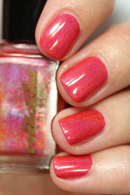 red coral nail polish with holographic finish