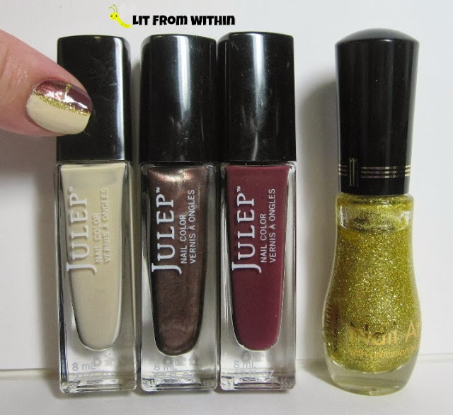 Bottle shot:  Julep Alexandra, Chloe, and Aisha, with a Milani gold glitter striper.