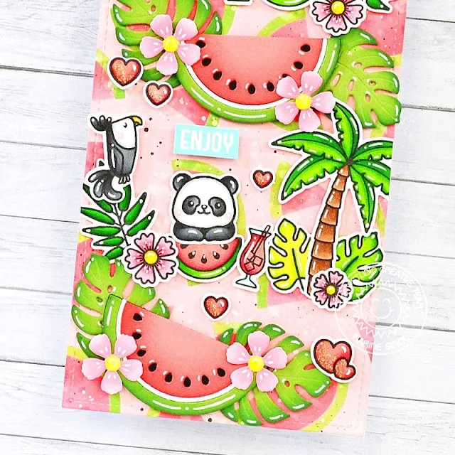 Sunny Studio Stamps: Juicy Watermelon Die Focused Summer Themed Card by Marine Simon (featuring Summer Greenery Dies, Panda Party, Seasonal Trees, Sending Sunshine, Fabulous Flamingos, Tiki Time)