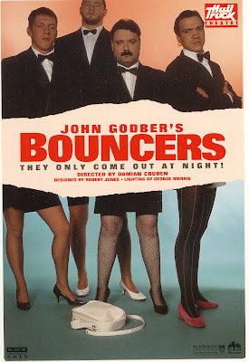 A poster for Bouncers, with four men in black tie and arms folded but with women's legs wearing skirts and heels