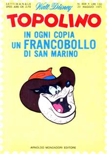 Topolino 808 - 23 Maggio 1971 | ISSN 1120-611X | CBR 215 dpi | Settimanale | Fumetti Classici | Universo Disney
Numero volumi : IN CORSO
Topolino apparve in Italia il 30 marzo 1930, quando sul n.13 del settimanale torinese Illustrazione del Popolo, diretto da Lorenzo Gigli, fu pubblicata la prima striscia disegnata da Ub Iwerks e intitolata Le avventure di Topolino nella giungla. Due anni dopo si ha il primo libro illustrato italiano con le sue immagini: Sua Altezza Reale il Principe Codarello e, poco più tardi, il 31 dicembre 1932, esce il primo numero di Topolino in formato giornale, edito da Nerbini.
Sulla falsariga del celebre Corriere dei Piccoli, anche Topolino si presentava ai lettori con periodicità settimanale e si apriva con una breve storia in cui le didascalie sono scritte in rima e realizzata da Giove Toppi, che divenne quindi il primo autore Disney italiano. Sul settimanale della Nerbini, comunque, trovano spazio soprattutto le strisce e le tavole realizzate da Floyd Gottfredson. In queste storie vengono anche introdotte delle didascalie in rima, scritte dal primo direttore della rivista, Paolo Lorenzini (detto Collodi Nipote in quanto nipote di Carlo Collodi), e viene anche assegnato il nome definitivo alla spalla di Topolino, ovvero quel Pippo un po' lunatico e un po' svampito che sui libri della Salani veniva ancora chiamato Medoro.
Nerbini non si era assicurato correttamente i diritti di pubblicazione: quando aveva varato la sua rivista, infatti, si era rivolto al Consorzio Cinematografico E.I.A., il distributore dei cortometraggi di Topolino, quando in realtà i diritti per le riviste erano stati dati in mano al giornalista Guglielmo Emanuel dallo stesso Disney. Per cui, per un paio di numeri, la testata passò da Topolino a Topo Lino, per poi riprendere la nota testata con il n.7. Il Topolino Giornale era formato da otto pagine e non conteneva solo storie a fumetti Disney ma anche storie non-Disney che anzi erano di solito la maggioranza delle storie presenti in un numero.
Il numero 137 del Topolino Giornale, dell'11 agosto 1935, segna il passaggio di consegne da Nerbini alla Mondadori. Il fascismo, tuttavia, causò dei problemi al giornale. Dal 1938, il Min.Cul.Pop. (Ministero della Cultura Popolare) impone alla stampa di non editare più i protagonisti del fumetto popolare americano. Il solo Topolino è risparmiato, e così il suo logo e il suo personaggio possono continuare ad esistere nelle edicole italiane, ma in piena seconda guerra mondiale, a partire dal n.476 del 27 gennaio 1942, anche il settimanale è costretto a cedere alle restrizioni. Lo sostituisce Tuffolino, un ragazzetto dalle medesime caratteristiche fisiche, disegnato dal grande illustratore Pierlorenzo De Vita. Con la fine del fascismo, le avventure di Topolino poterono di nuovo essere pubblicate.
Alla fine degli anni quaranta, però, i giornali a fumetti che pubblicavano storie a puntate di non più di due tavole ad episodio erano irrimediabilmente in crisi, e così lo stesso Topolino, le cui vendite erano di gran lunga calate rispetto al periodo d'oro. Mondadori, però, non poteva rinunciare alla rivista da edicola per non perdere i ricchi diritti delle pubblicazioni da libreria, così decise un doloroso ma necessario cambio di formato e periodicità. Nel 1949 nasce così il periodico a fumetti Topolino formato libretto, all'inizio con cadenza mensile, quindi quindicinale e, infine, settimanale, fino a giungere a oggi al suo sessantesimo anniversario e con oltre 3000 numeri usciti, ricchi di storie tra le più famose, con autori da Carl Barks a Romano Scarpa, da Floyd Gottfredson a Giovan Battista Carpi e così via.