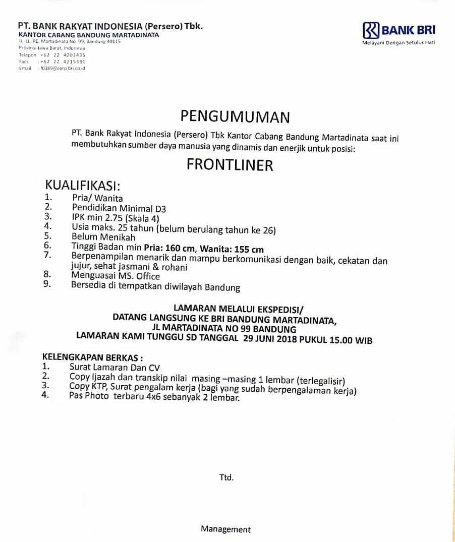Lowongan Frontliner Pt Bank Rakyat Indonesia Bri Bandung 2021