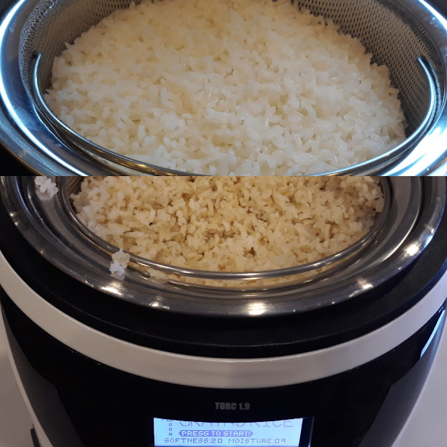 Thermosense - provides just the right cooking temperature to gelatinize the rice thereby releasing the unhealthy RDS or Rapidly Digested  Starch into the water, yet retaining the vital nutrition and minerals. 2. Debond - intuitively holds the gelatinization temperature compelling most of the RDS to get out of the rice. 3. Transuded - The RDS is drained away into the Starch Collection Tray 4. Demoisturize - of excess moisture, making the rice fluffy, healthy and delicious