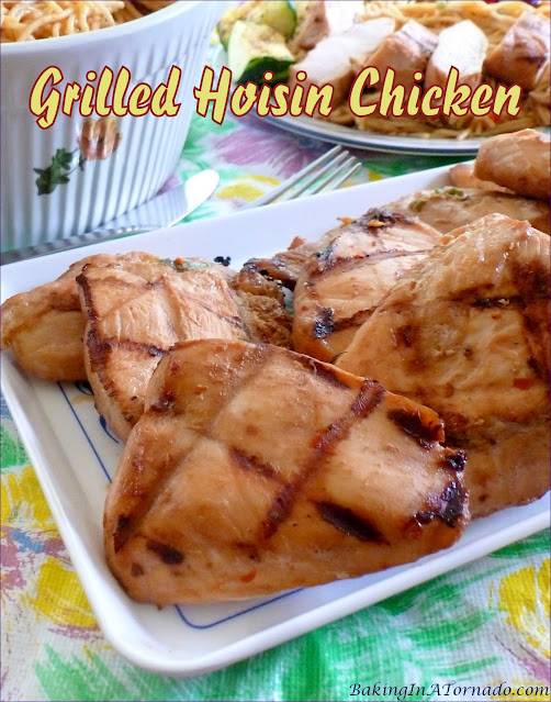 Grilled Hoisin Chicken, this marinated, grilled chicken is not only a family favorite dinner, but the leftovers are perfect in a salad or pasta salad. | recipe developed by www.BakingInATornado.com | #recipe #dinner