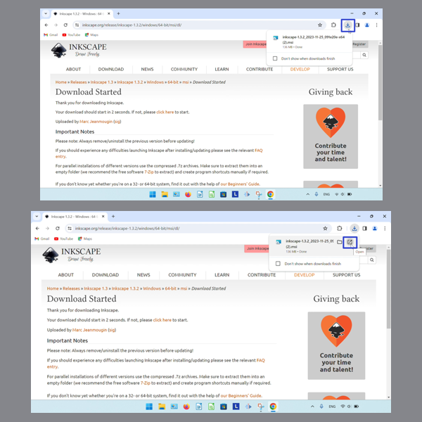 The top image displays the cursor clicking the "Downloads" button in the upper right of the Google Chrome browser window. The bottom image displays the cursor clicking the "Open" button on the far right side of the Inkscape setup file in the Downloads window.