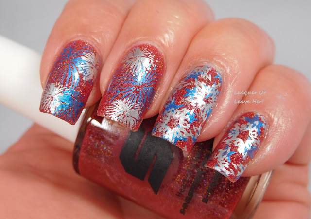 UberChic Beauty Fourth of July mini plate over Shinespark Polish Heart Of A Hero, stamped with Hit The Bottle Polish Blue-tiful and Messy Mansion Sterling