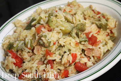 A rice and okra side dish with bacon and vegetables, made easy with the Instant Pot