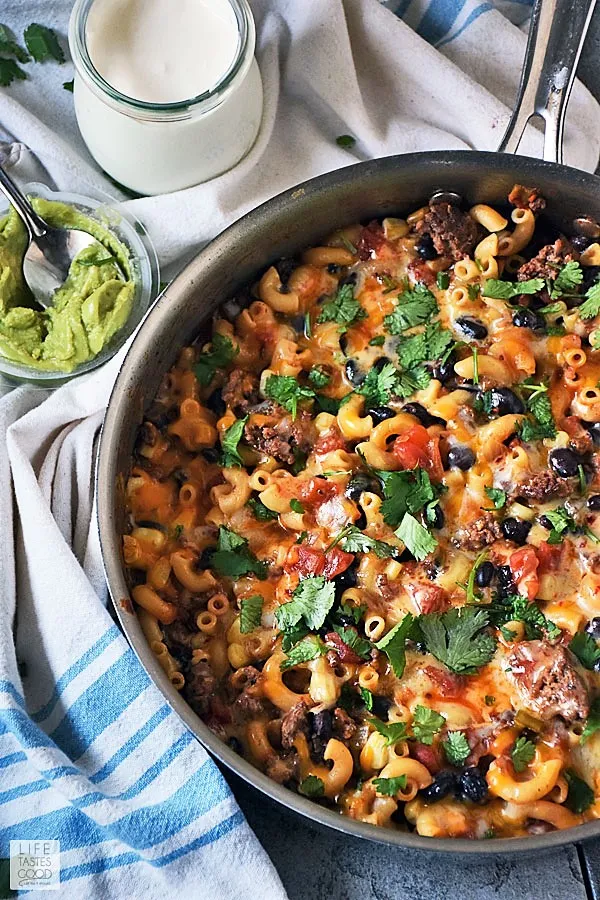 On Pot Taco Pasta Skillet with melted cheese