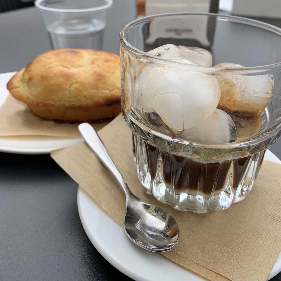 The typical local coffee in Lecce - on the ice with almond milk - and the pasticciotto sweet
