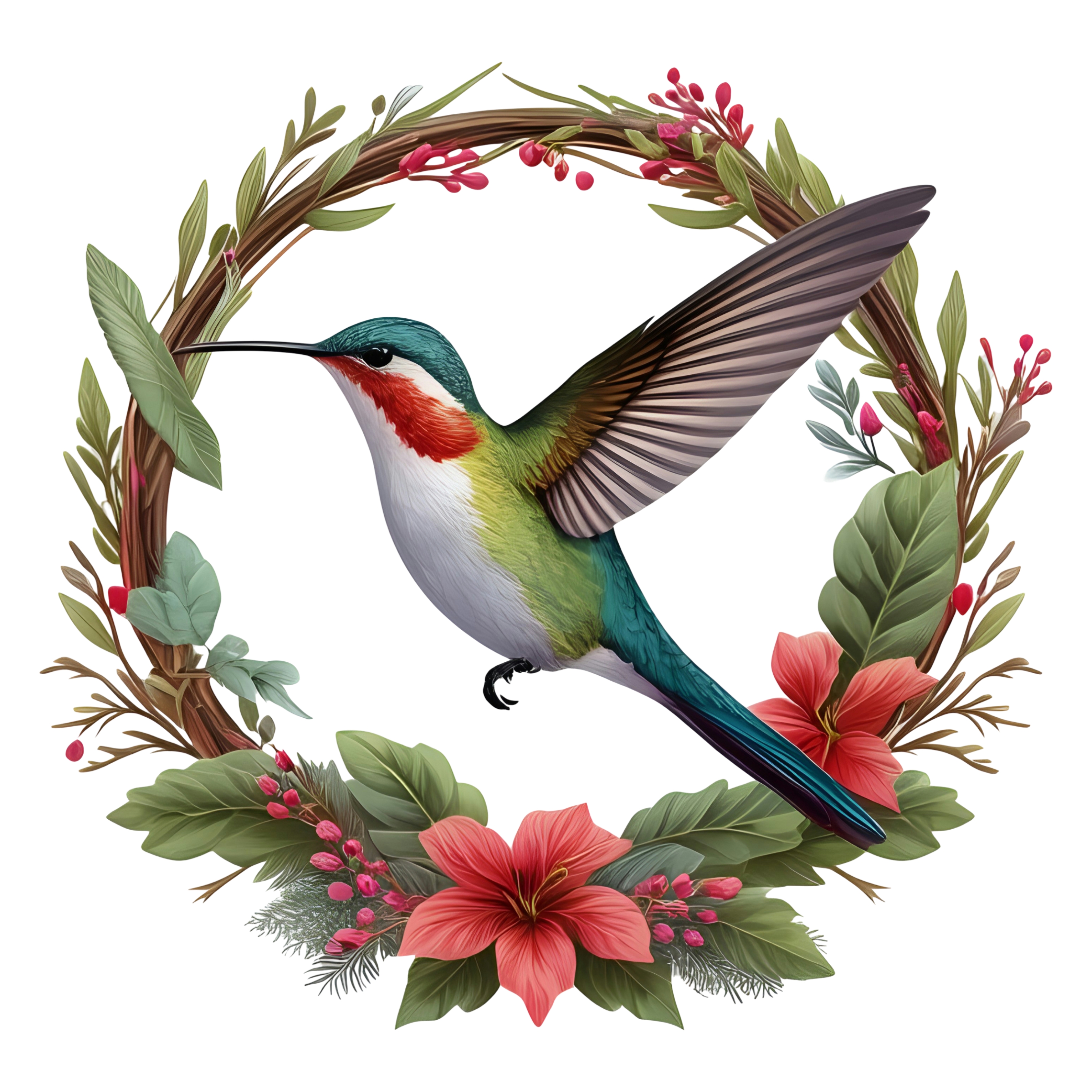 Hummingbird and flowers wreath illustration design