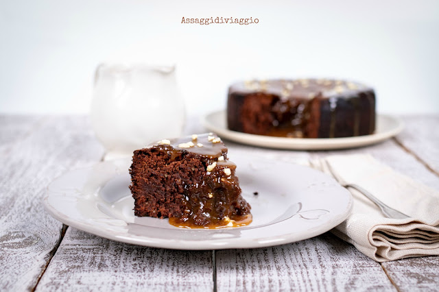 Dark chocolate polenta cake with salted caramel sauce