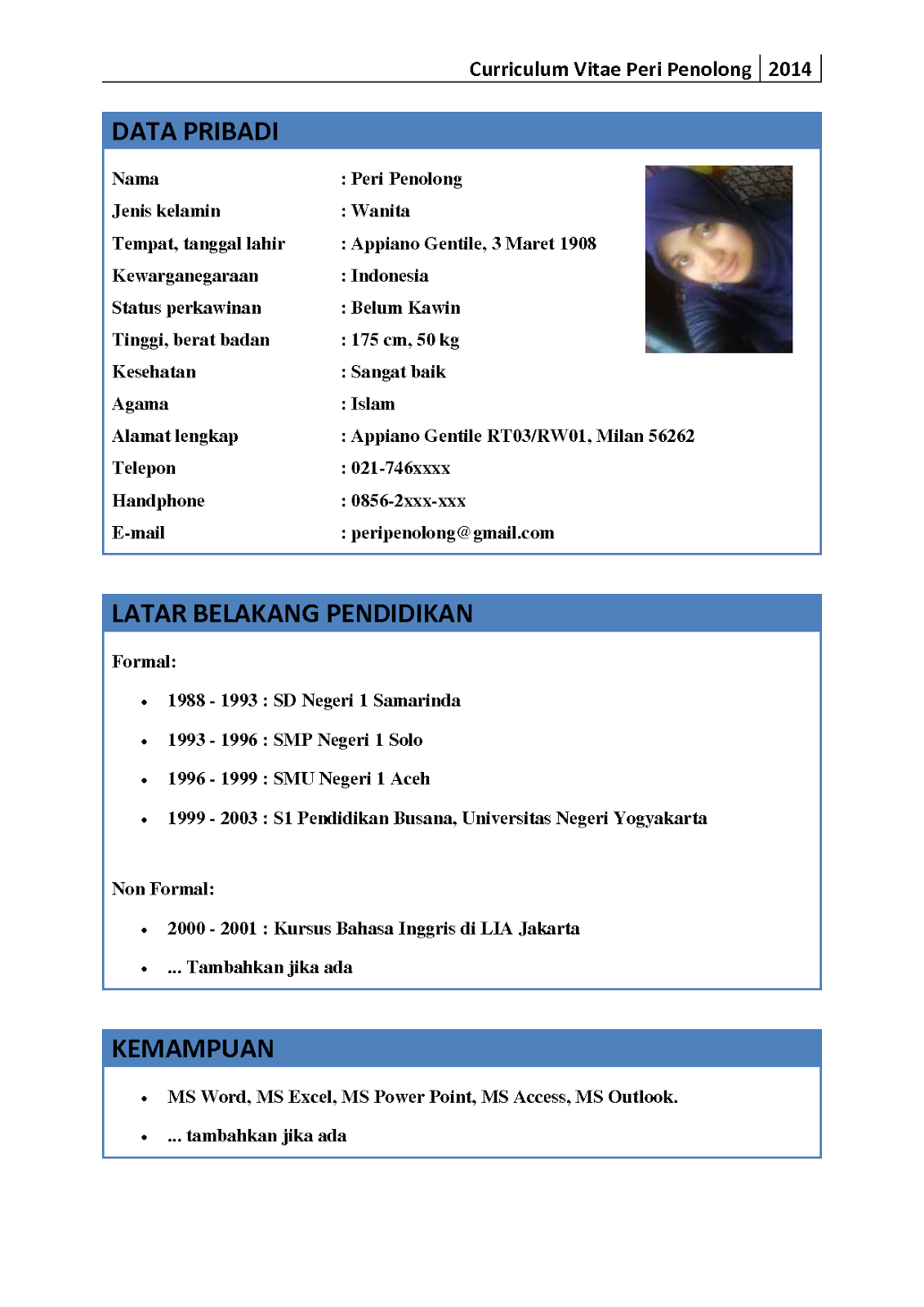 Contoh Cv Bahasa Indonesia - cv nabila