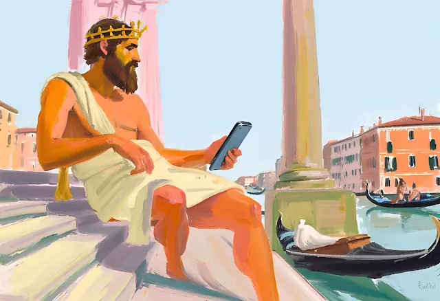 AI Generated Image in the style of an oil painting: Poseidon, the ancient Greek god wearing a toga, checks his smartphone as he sits on the steps of the Rialto Bridge, overseeing the gondolas and vaporetto traffic on the Grand Canal.