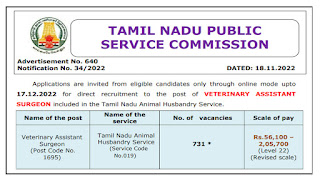 TNPSC Recruitment 2022 731 Veterinary Assistant Surgeon Posts