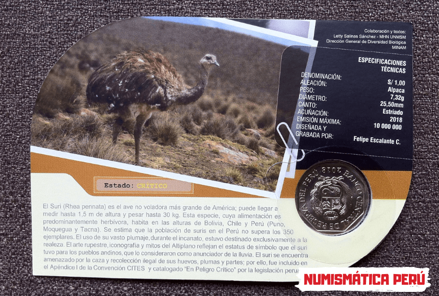 blister moneda suri, serie fauna silvestre amenazada del peru