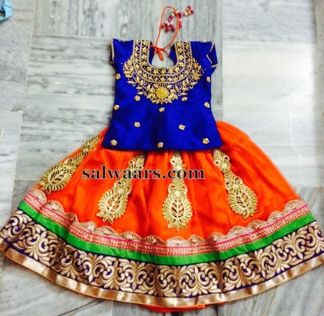 High Neck Blouse Orange Kids Lehenga