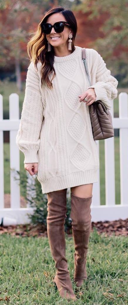 fashion trends / knit sweater dress + brown over the knee boots + bag