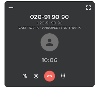 Skärmdump på samtal till beställningscentralen där samtalsräknaren är stoppad på 10:06 minuter.