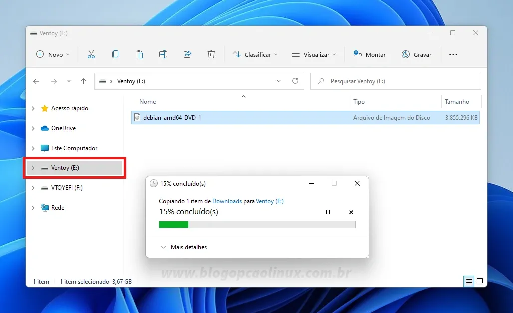 Copiando a ISO do Debian Bookworm para o pen drive com o Ventoy instalado