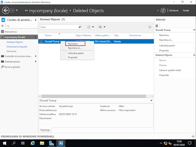 Centro di amministrazione di Active Directory, ripristina oggetto eliminato