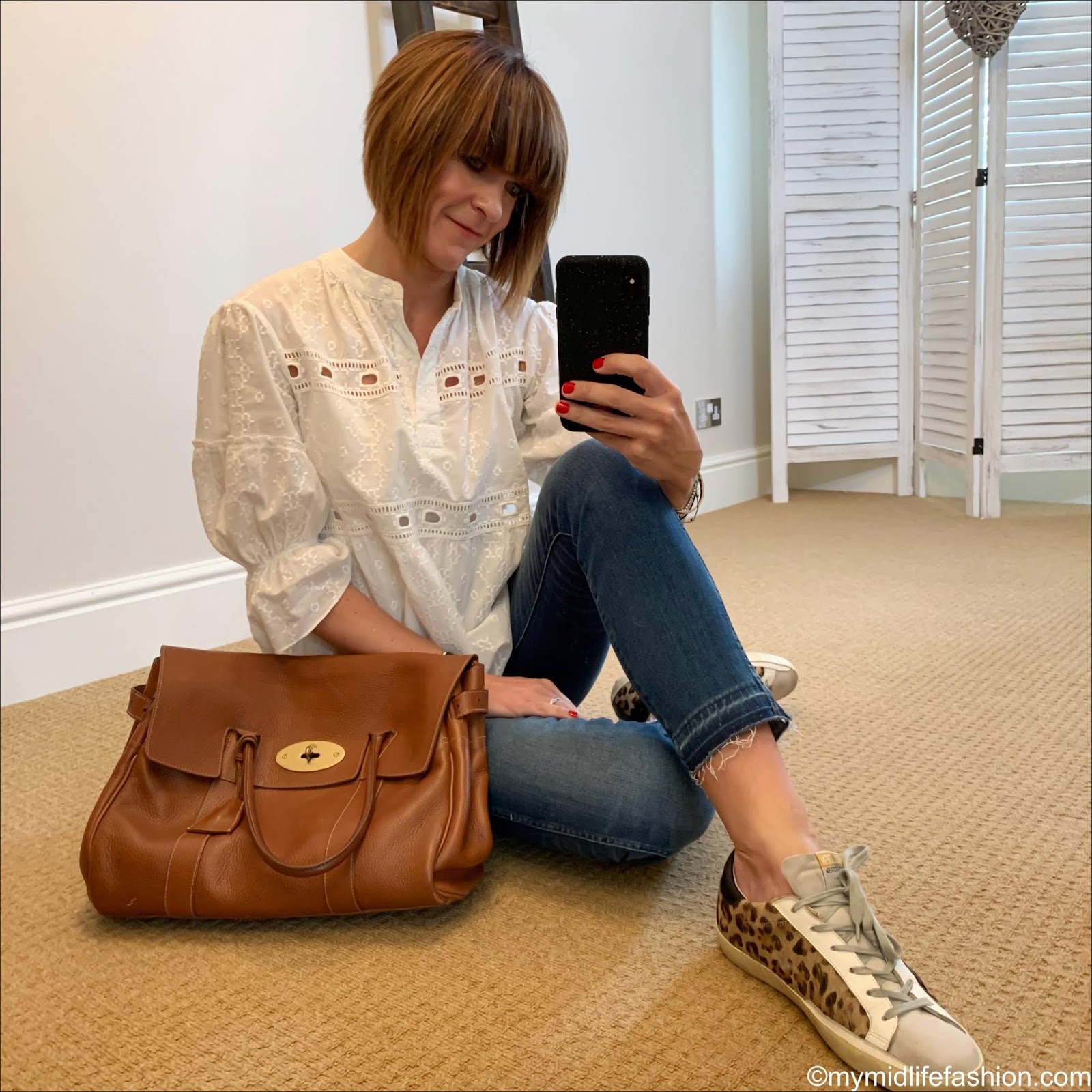 my midlife fashion, fracaomina jeans broderie anglaise blouse, mulberry bayswater, golden goose superstar low top leather trainers, j crew Point Sur straight leg jeans