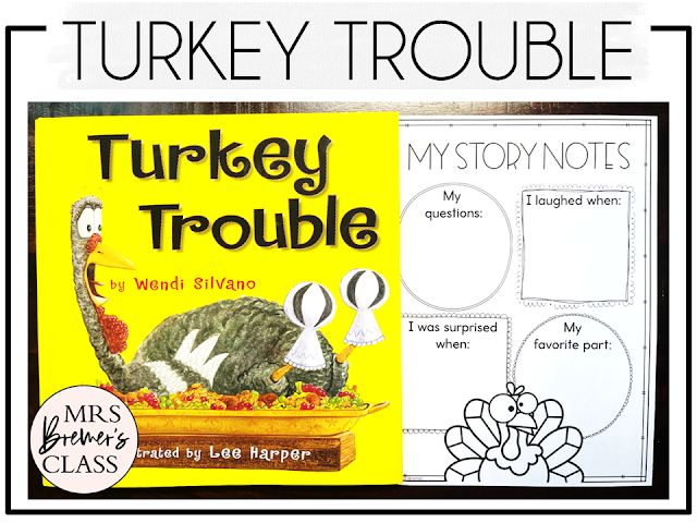 Turkey Trouble book activities unit with read aloud companion printables, reading comprehension worksheets, literacy lesson ideas, and a craft for Thanksgiving in Kindergarten, First Grade, and Second Grade
