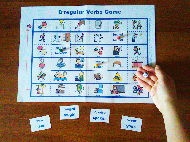 Printable irregular verbs game for English learners - dice game for ESL and EFL students