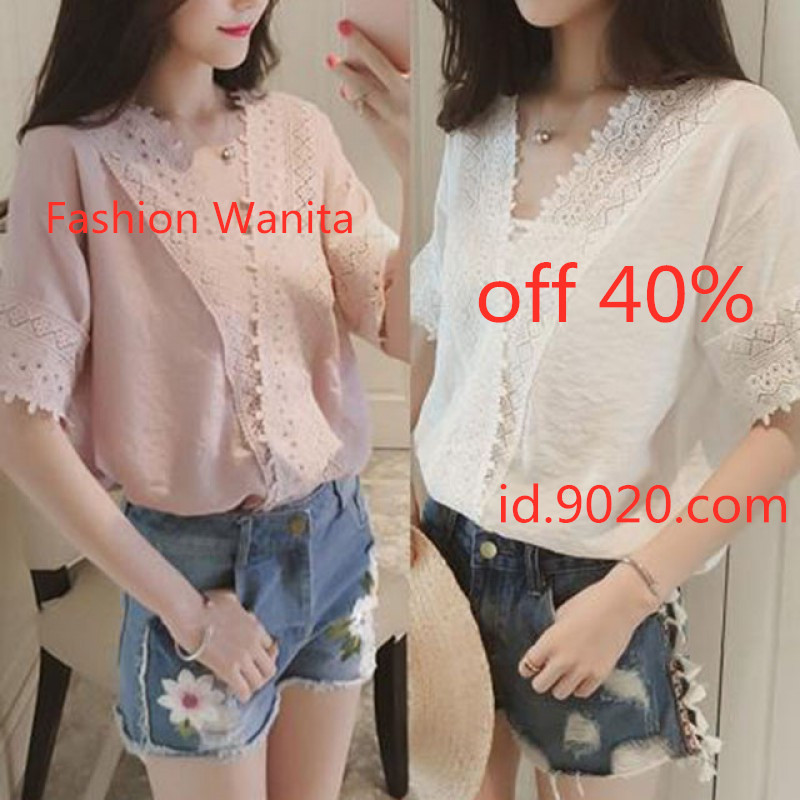 Fashion Wanita: Blus Lengan Pendek V-Neck /Blus Lace Hollow/Blus Wanita