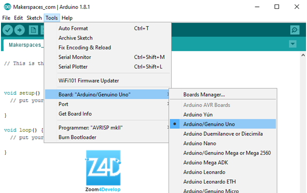 Select The Board in Arduino software