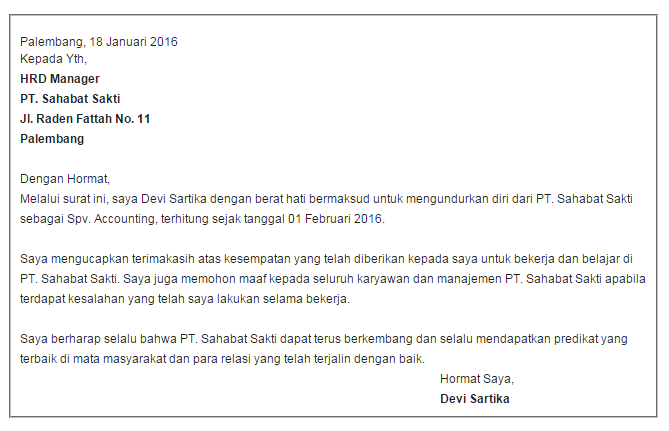 Contoh Surat Resign Kerja yang Baik