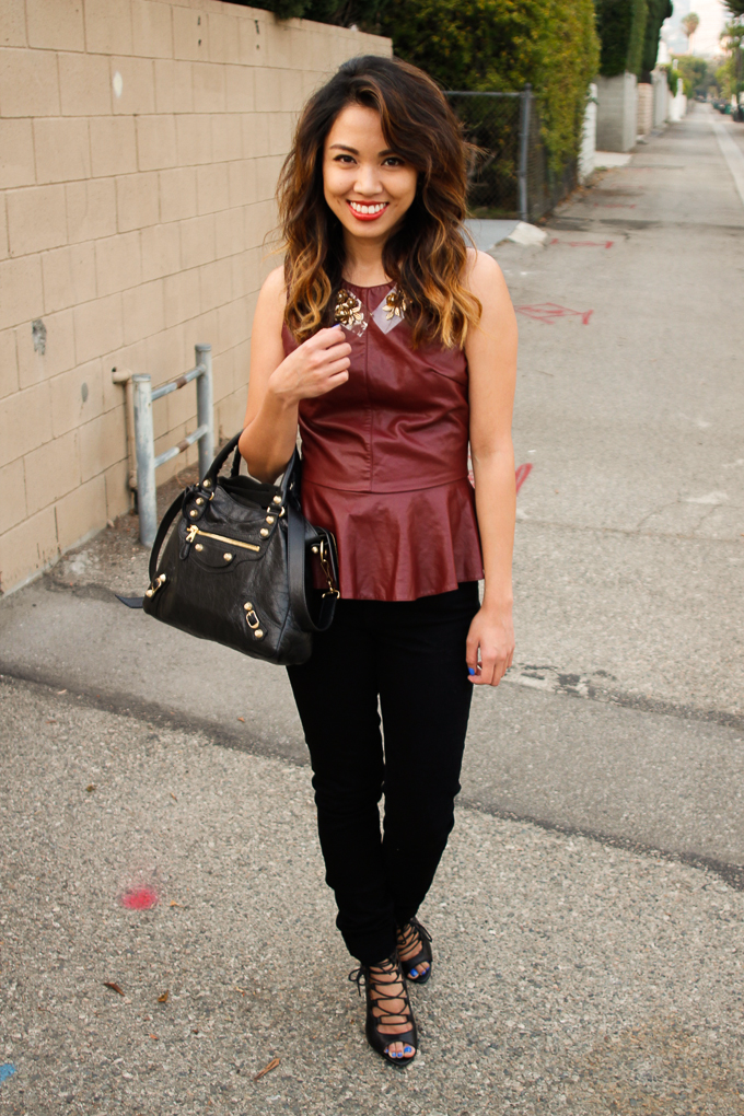 Lovers + Friends Oxblood Peplum Top, Rich and Skinny Jeans, beautybitten, outfit