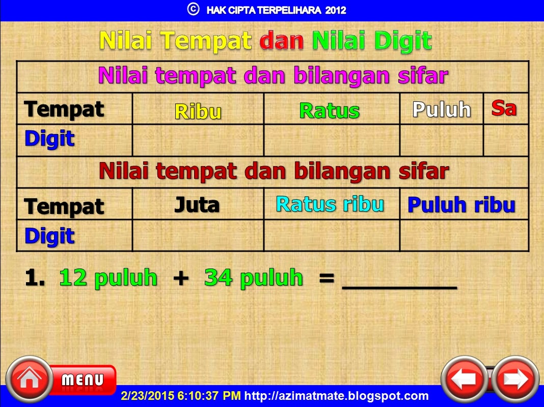 AZIMAT SEKOLAH RENDAH: NILAI TEMPAT, NILAI DIGIT DAN 