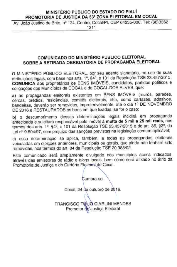 MPE emite comunicado sobre a retirada obrigatória de Propaganda Eleitoral em Cocal e Cocal dos Alves