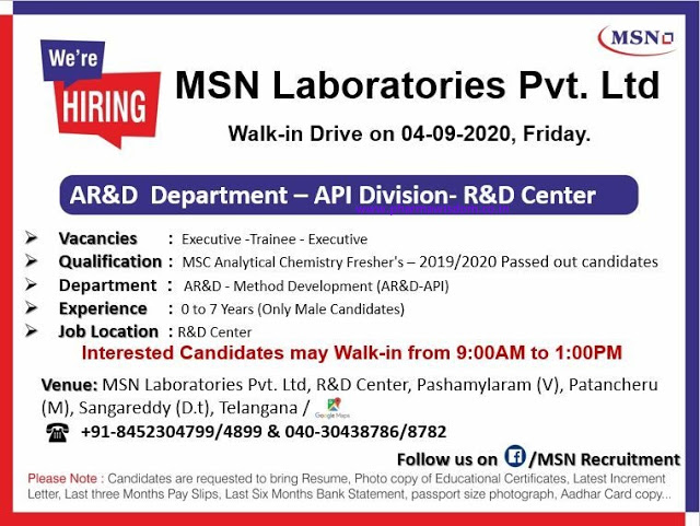 MSN Laboratories | Walk-in for Freshers and Experienced in R&D on 4&5 Sept 2020