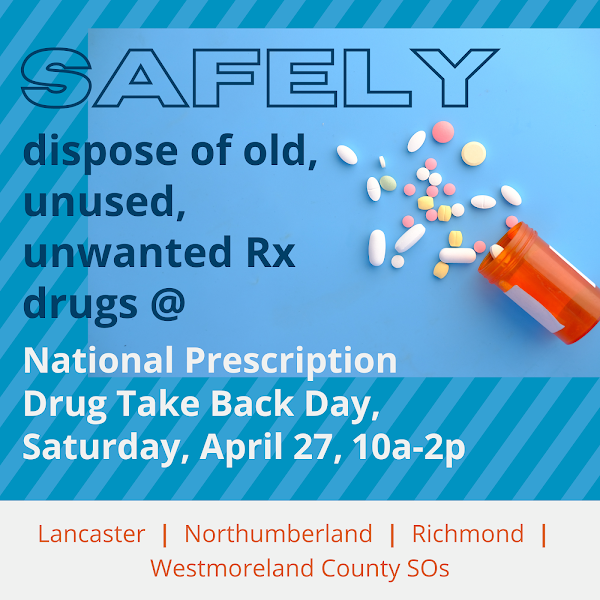 Picture of pill bottles with pills scattered around it; Safely dispose of old, unused, unwanted Rx drugs at National Prescription Drug Take Back Day, Saturday, April 27, 10a-2p