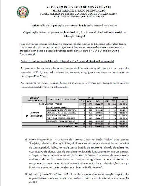 Organização de turmas para atendimento do 4°, 5° e 6° ano do Ensino Fundamental na Educação Integral.