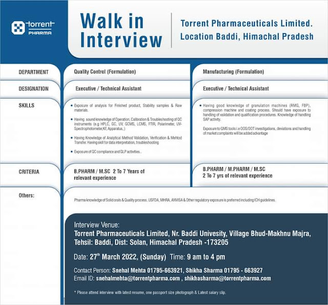 Walk-In Interviews for Quality Assurance / Quality Control on 27th Mar’ 2022 @ Torrent Pharmaceuticals – Baddi AndhraShakthi - Pharmacy Jobs