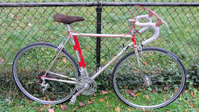 Silver and Red Bicycle with fence in background