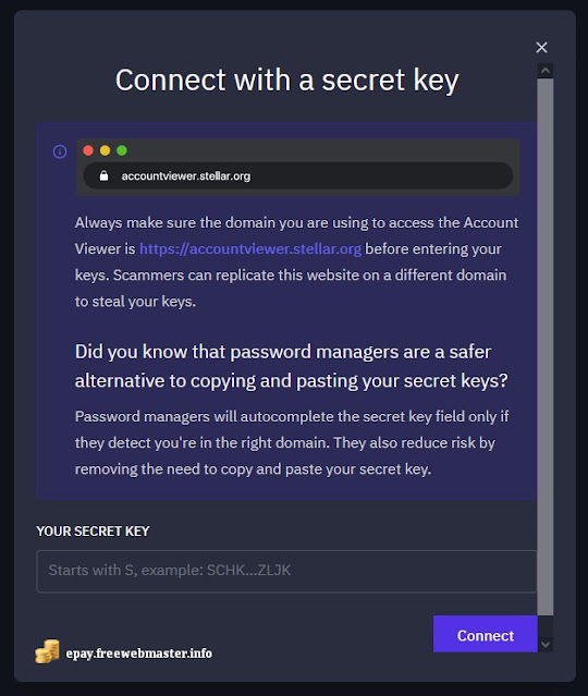 Подключение с помощью секретного ключа Stellar к Account Viewer