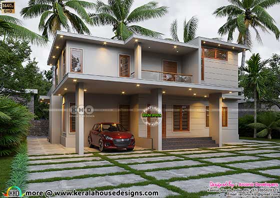 A captivating view of a modern home plan with 4 bedrooms, featuring a sober-colored exterior and glass-wooden handrails in the balcony