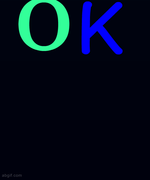 OK GIF on black background with blue color character animation
