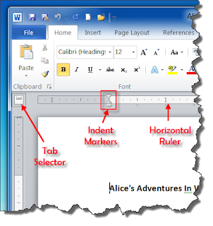 Tab Selector, Indent Markers and Horizontal Ruler in MS Word