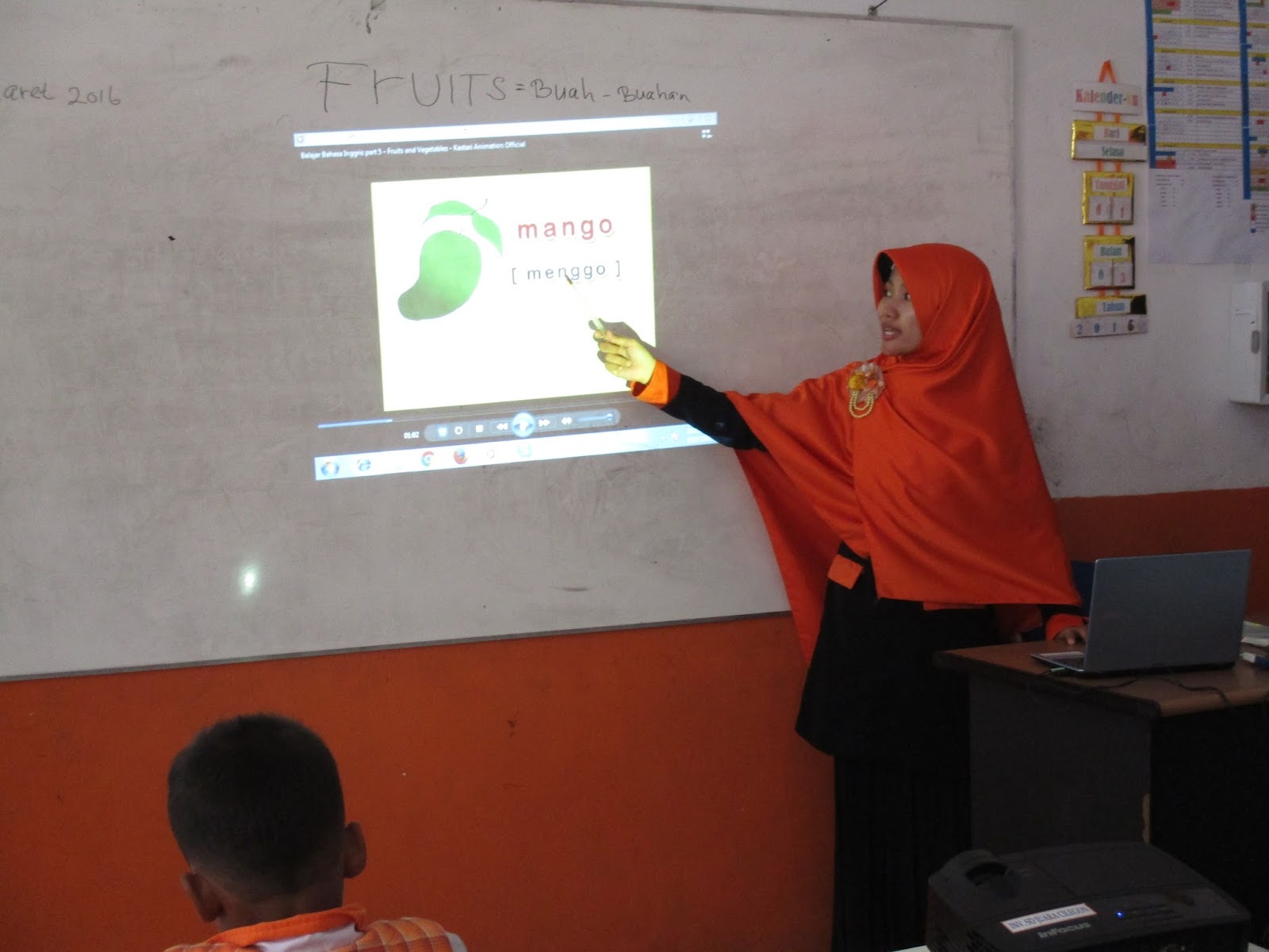 CILEGON Pada hari Kamis 10 03 siswa siswi kelas 1 SD Juara Cilegon sedang belajar mengenal nama buah buahan dalam bahasa Inggris Sebelumnya wali kelas