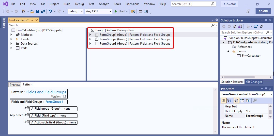 D365Snippets.com Dyanmics 365 Calculator Example _ Add a field and field grouppattern1 to the form